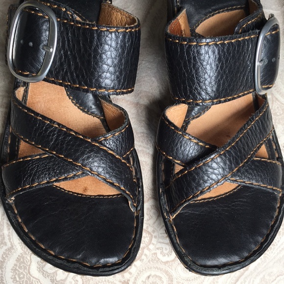 Shoes - BORN GENUINE BLACK PEBBLE LEATHER STRAPS WITH SIDE BUCKLE CLASSIC WEDGE SANDALS
